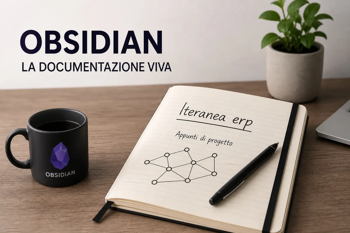 Notebook con appunti di progetto e rete di collegamenti concettuali per documentazione software in Obsidian